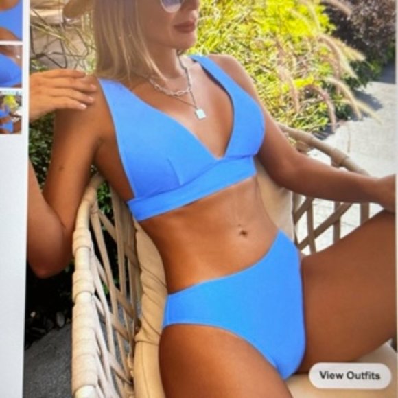 Brand New Plain V Neck Bikini Swimsuit Blue L 8/12 - Picture 1 of 4